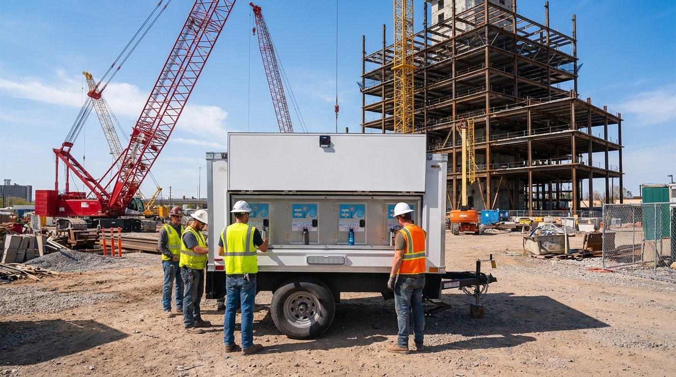 Signature Series water station trailer parked at an urban construction site with tower cranes and steel framing behind workers refilling bottles