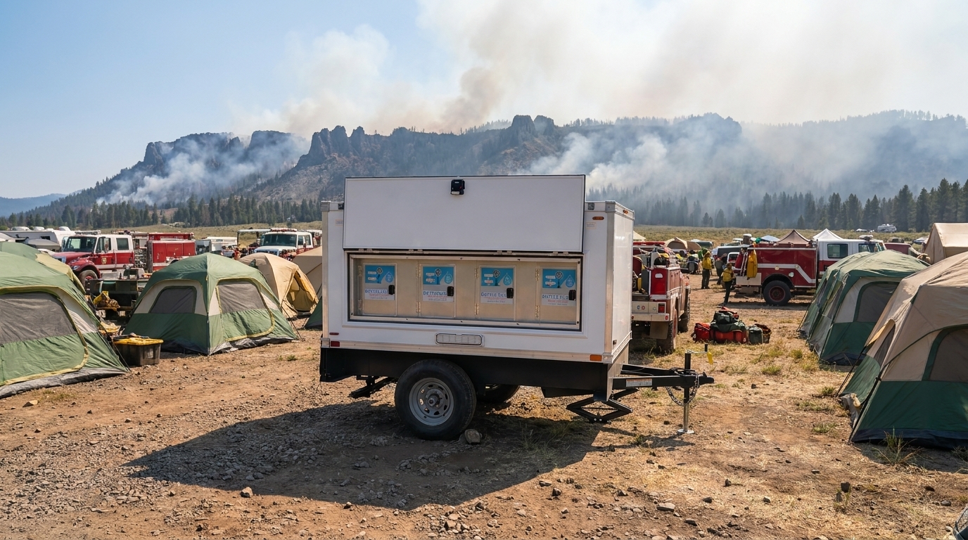 Signature Series water station trailer at a wildfire incident basecamp among crew tents and engines with a smoky ridge line in the distance
