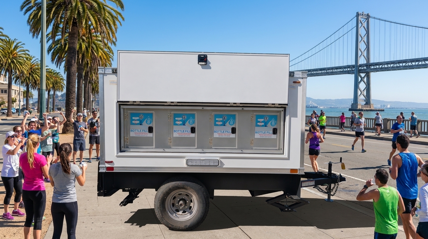 Water station trailer on the Embarcadero promenade with race spectators, palm trees, and the Bay Bridge in the background