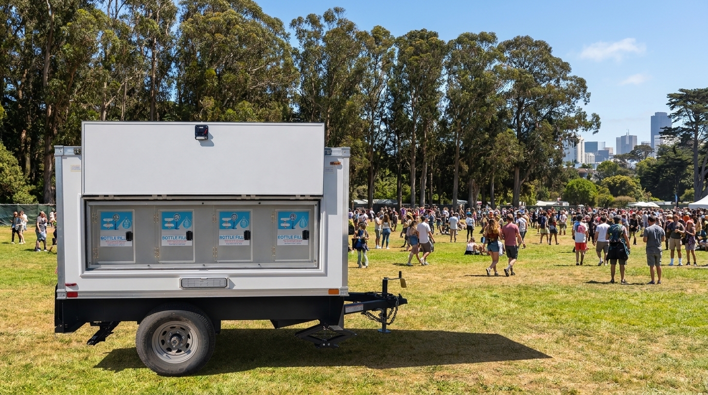 Water station trailer at the edge of a Golden Gate Park meadow with a large festival crowd and eucalyptus treeline behind it