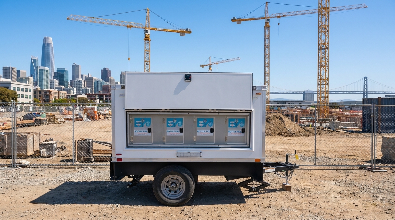 Water station trailer inside a fenced Mission Bay construction site with tower cranes and the San Francisco skyline behind it