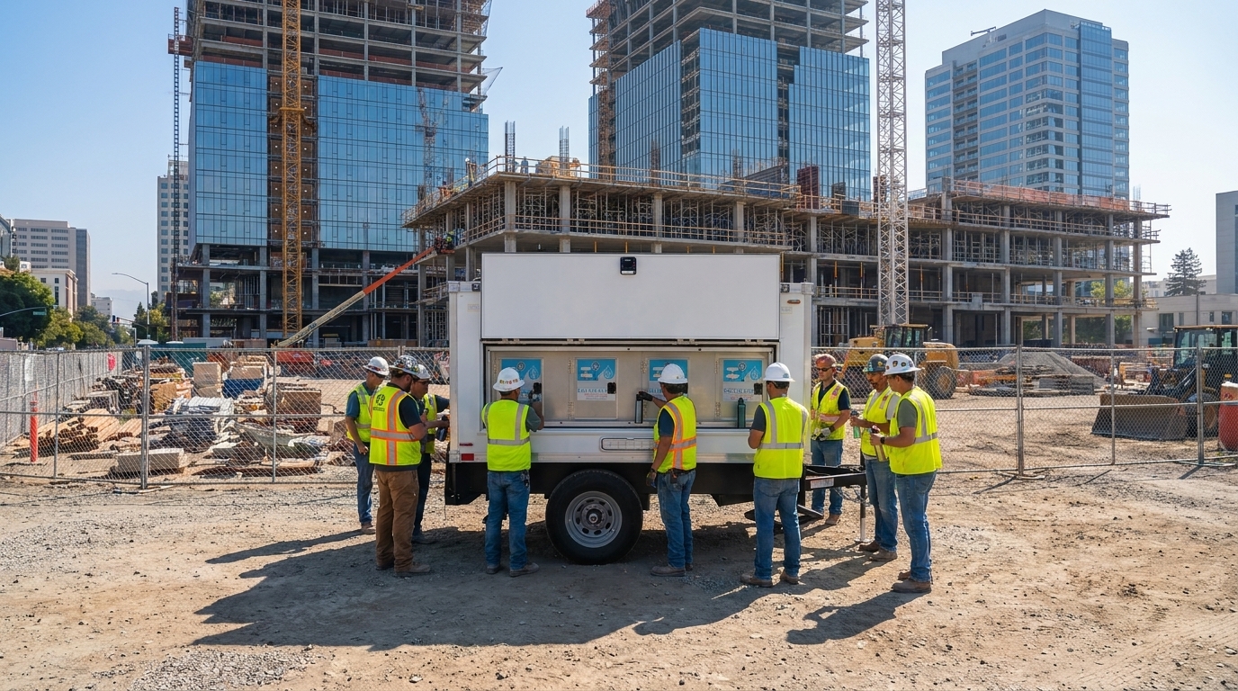 Water station trailer staged at a fenced downtown San Jose high-rise construction site with crew members in hard hats and hi-vis filling bottles