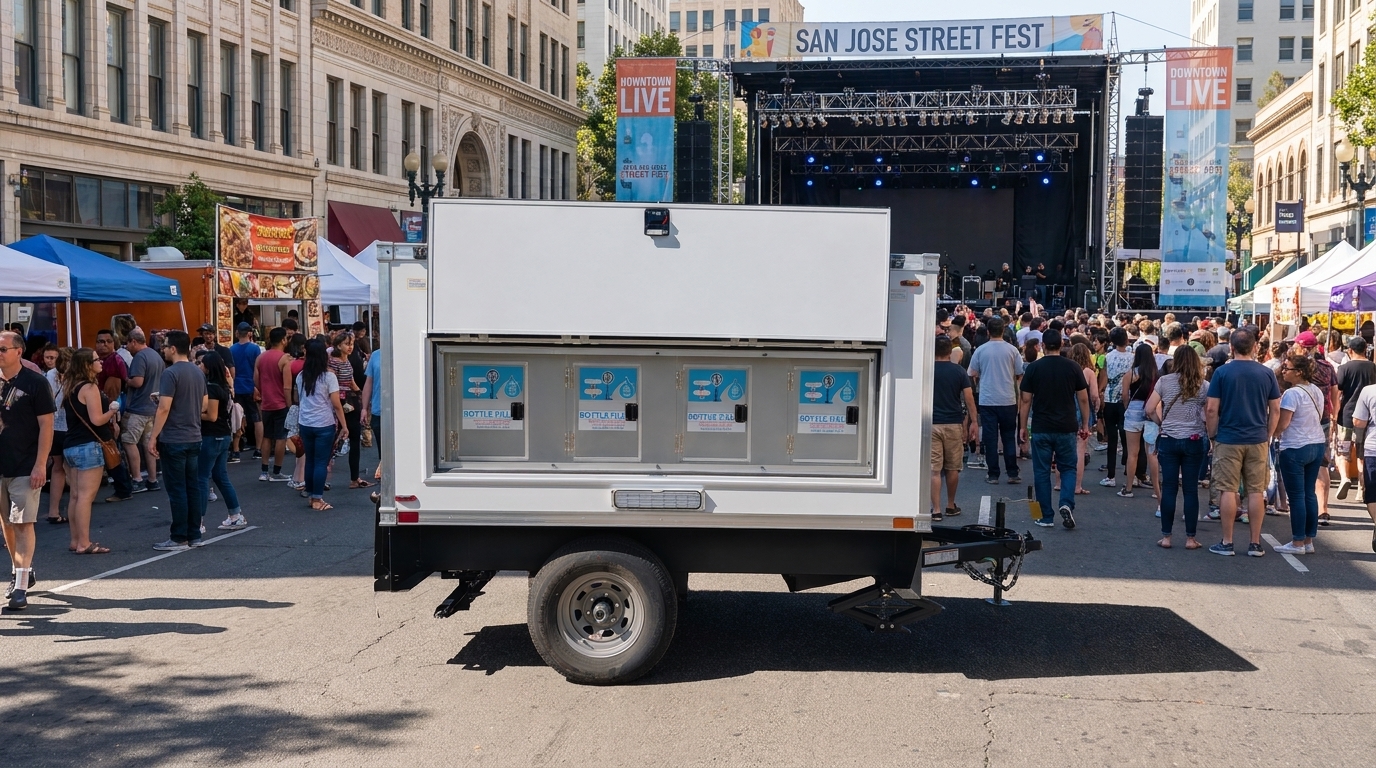 Bottle-fill water station trailer at a crowded downtown San Jose street festival with stage lighting and banners in the background