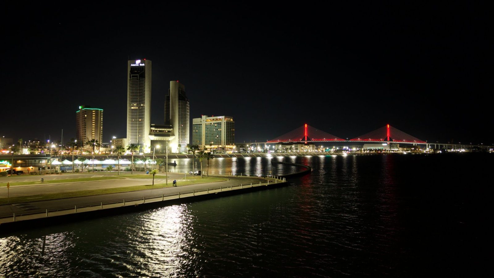 The Corpus Christi waterfront and harbor bridge at night