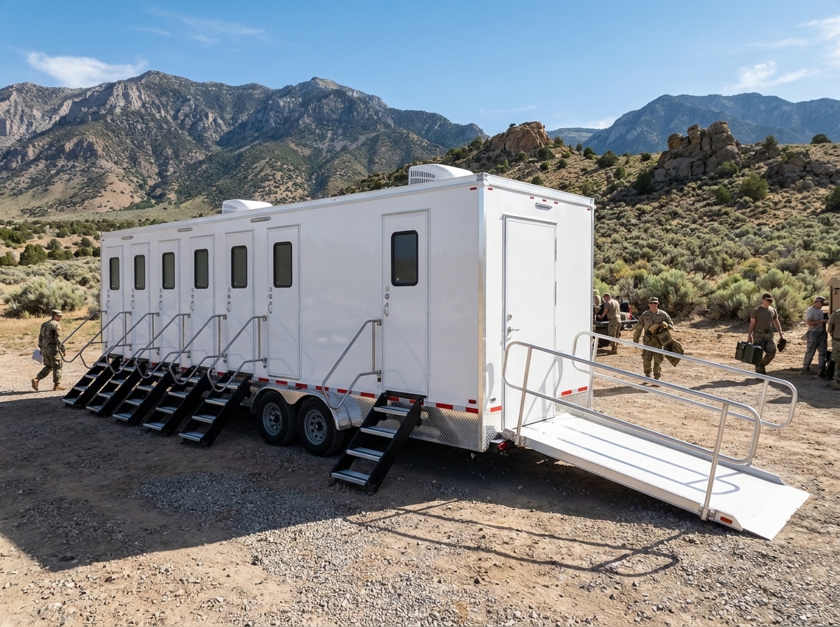 An ADA accessible restroom trailer with a ramp set up at a remote Utah military training site with high desert and mountains in the distance