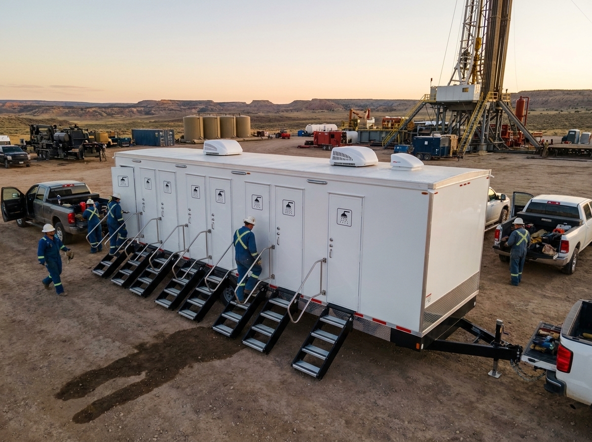 Oilfield and mining workers in coveralls at a remote Uinta Basin well pad, a self-contained shower trailer parked beside pickup trucks and equipment, high desert plateau and drilling rig in the background at dusk