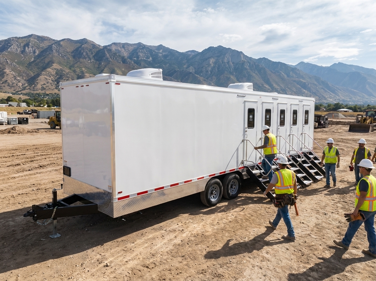 Construction workers in hard hats and vests walking to a private restroom trailer parked at a large Wasatch Front jobsite with the mountains behind