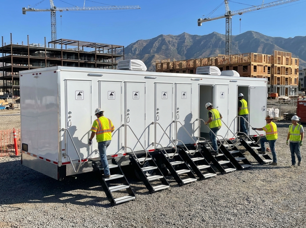 Construction workers in hard hats and hi-vis vests stepping into a clean multi-stall shower trailer at a large Wasatch Front jobsite, cranes and framed buildings behind, Point of the Mountain ridgeline in the distance