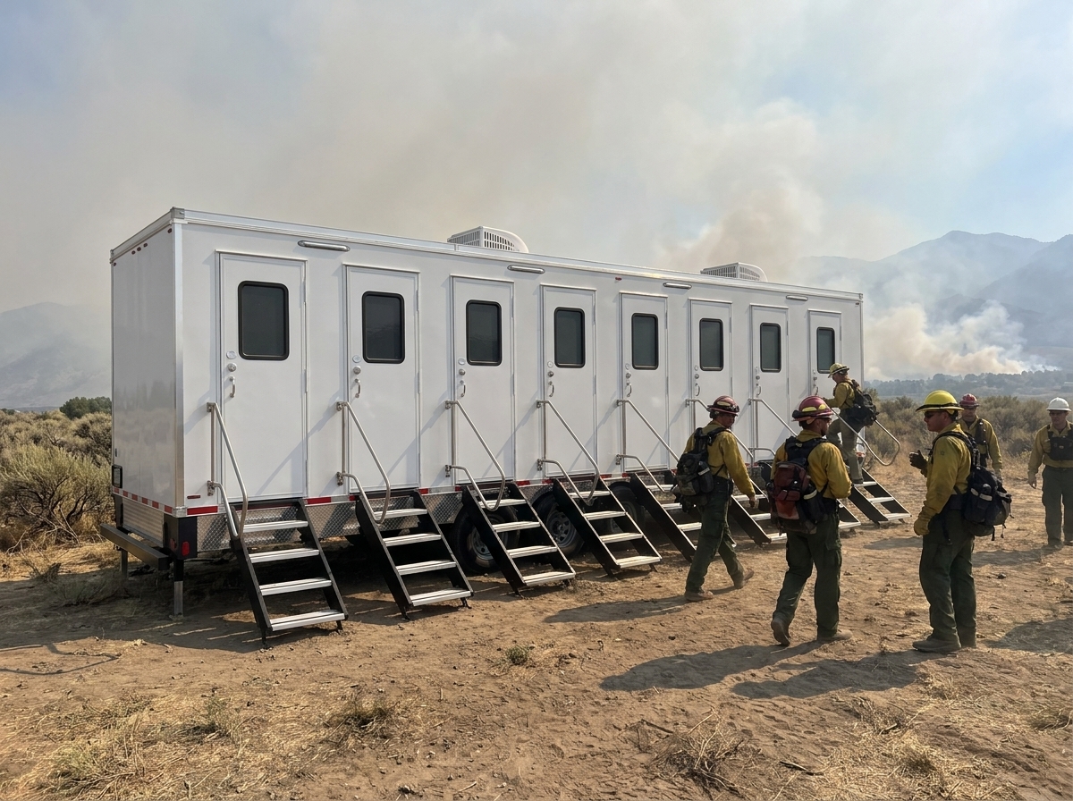 A row of portable restroom trailers staged at a wildfire incident command post in the Utah mountains with smoke haze and fire crews nearby