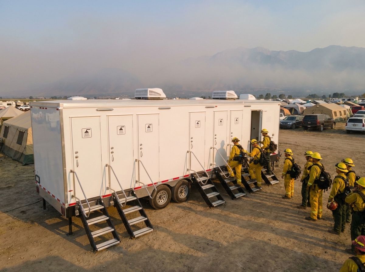 Wildland firefighters in yellow Nomex coming off the line at a Utah fire camp at dusk, lined up at a large multi-stall shower trailer, incident tents and the Wasatch range smoke haze behind them