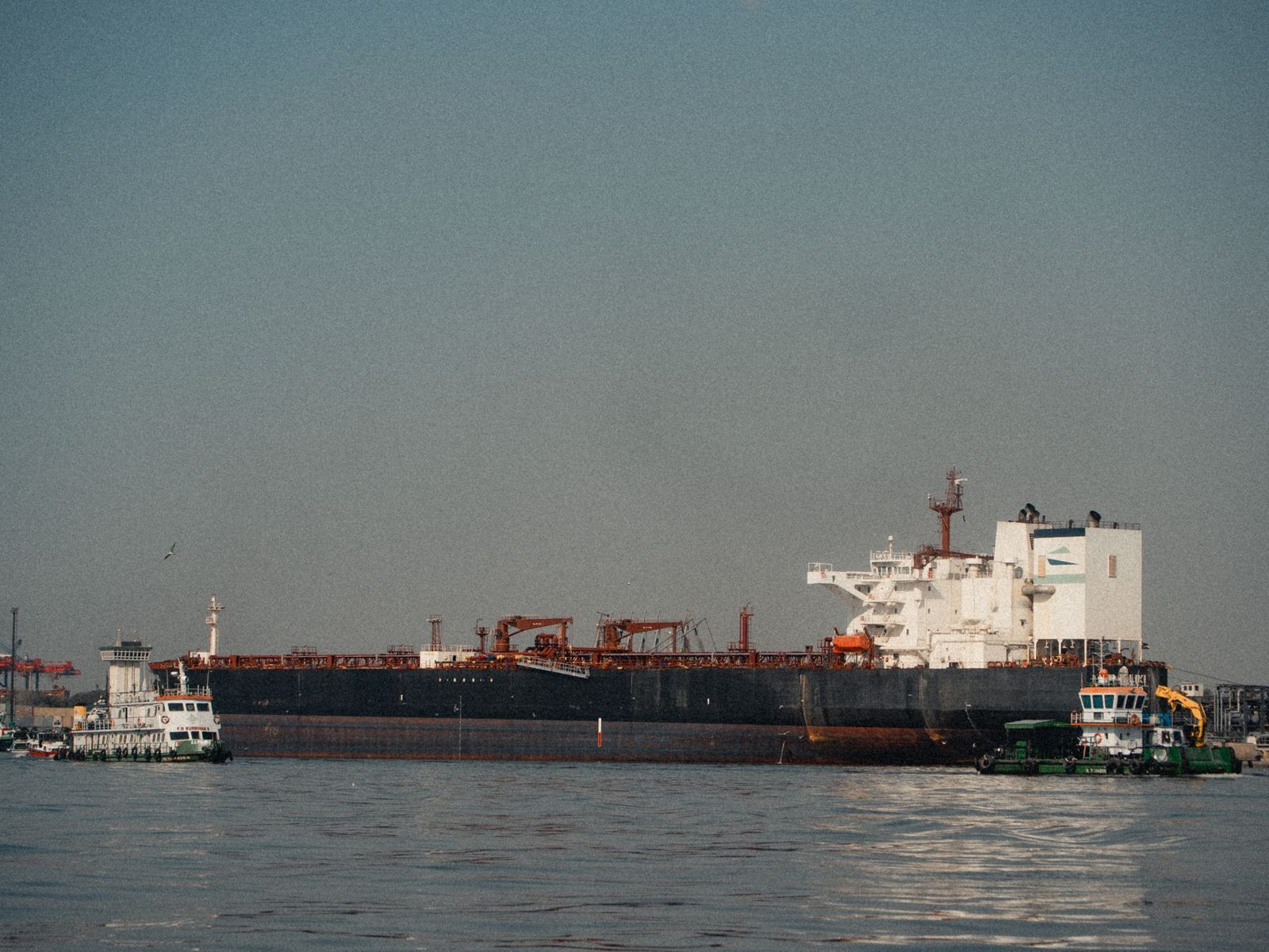 A tanker moving along a Houston area ship channel