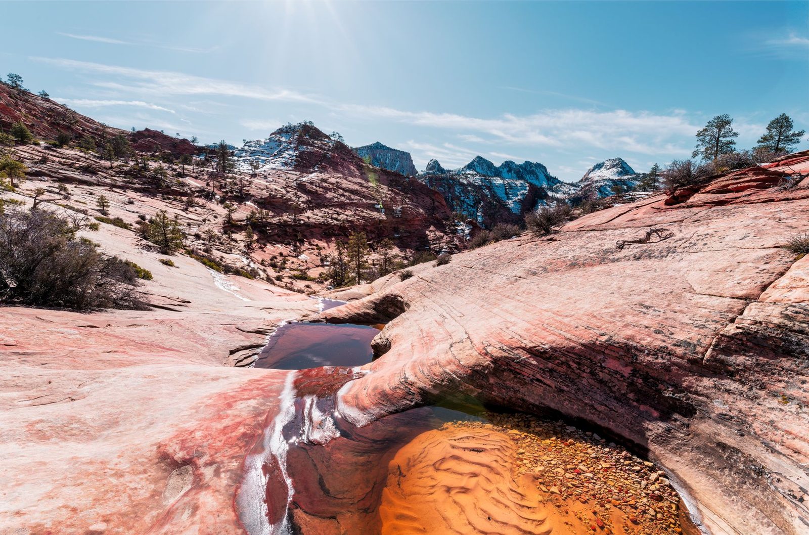 Red slickrock and canyon walls in Zion National Park, in Washington County near St. George