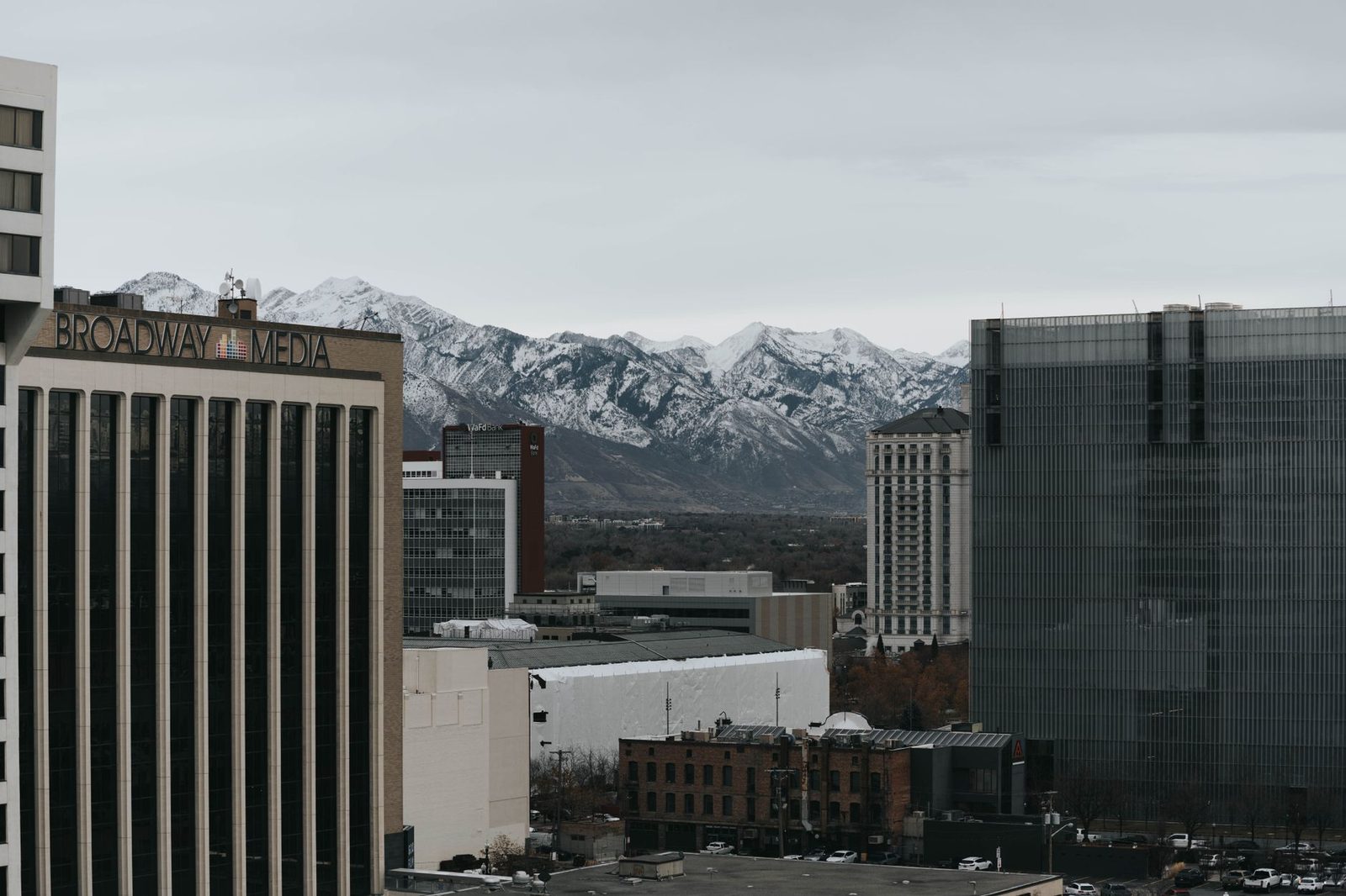 Downtown Salt Lake City with the snow-capped Wasatch Range behind