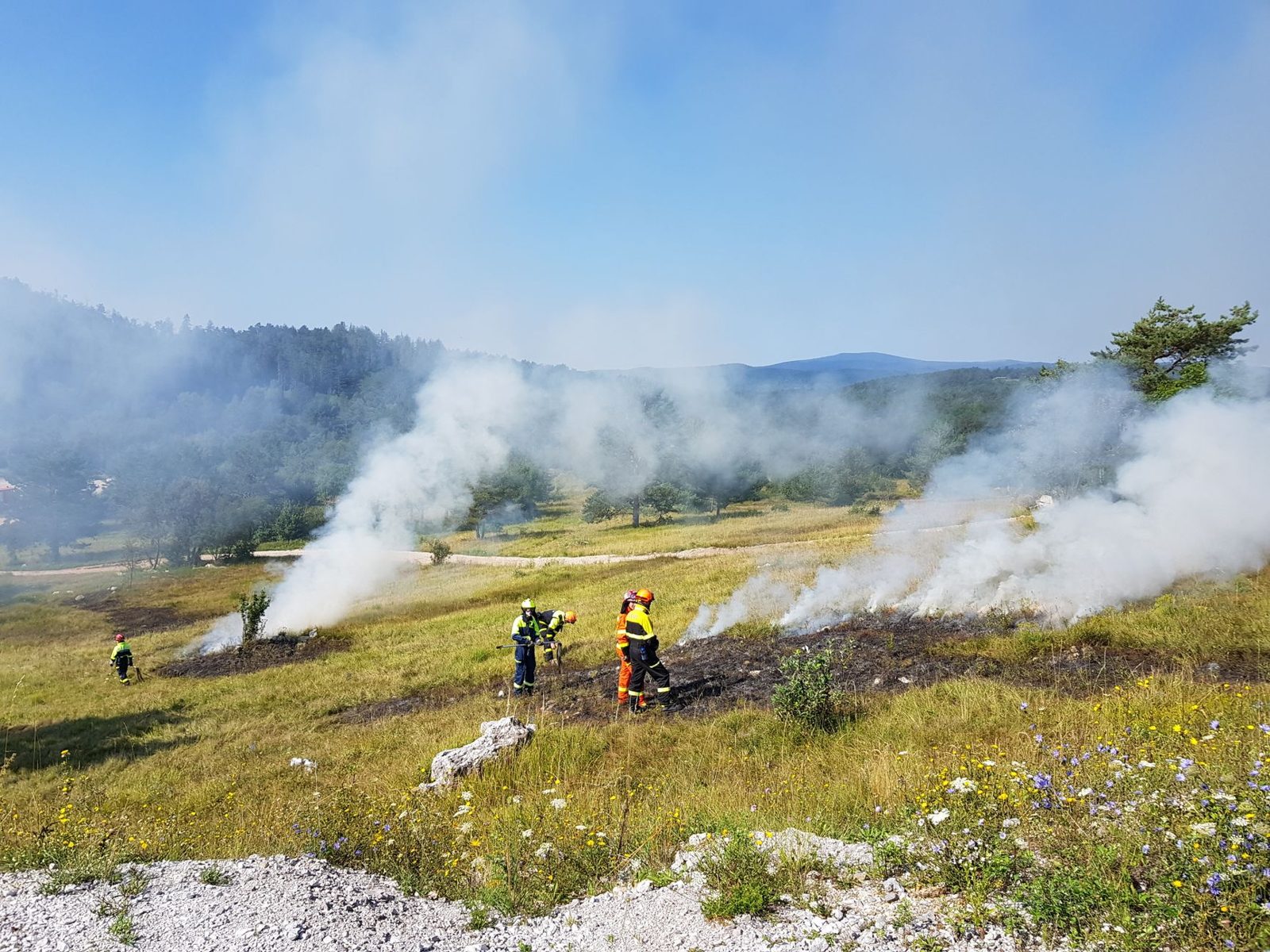 A wildland fire crew working a smoky hillside
